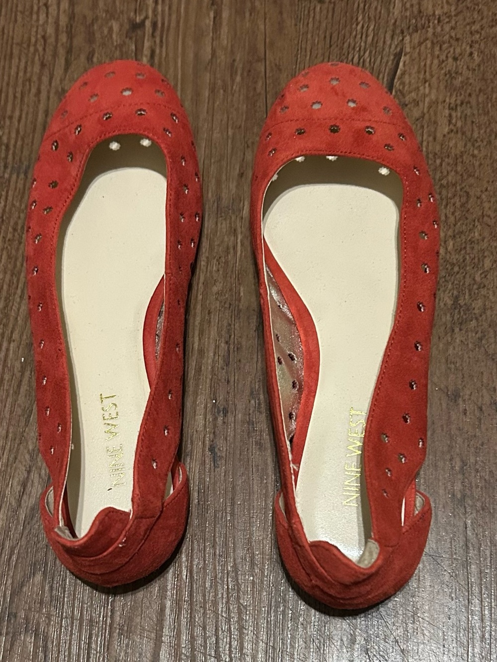 Nine West Coral Red Suede Slip-On Flats with Perforated Detail